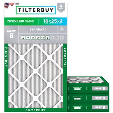 Filterbuy 16x25x2 Air Filter MERV 8 Dust Defense (4-Pack), Pleated HVAC AC Furnace Air Filters Replacement (Actual Size: 15.50 x 24.50 x 1.75 Inches)