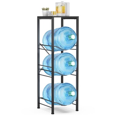 Housolution 3-tier 5 Gallon Water Jug Holder with Storage Shelve, Detachable 5 gallon Water Bottle Holder, Water Jug Stand, Water Jug Rack, Water Bottle Organizer for Kitchen,Office,Living Room- Black