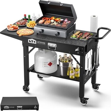 Leteuke Grill Cart for Blackstone Griddle, Portable Outdoor Grill Table, Foldable Cart Table with Wheels for Ninja Grill, Grill Cart Fit 17 Inch Or 22 Inch Griddle, BBQ Prep Table with Seasoning Tray
