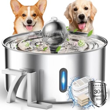 Dog Water Fountain,7L/1.8Gal/236oz Stainless Steel Dog Water Bowl Dispenser,Auto Pet Water Fountain with Spherical Fountain Spout,Ultra-Quiet Pump,5-Layer Filtered Water Fountain for Large Dogs