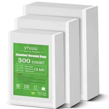 VTUUU Chamber Vacuum Sealer Bags 300 Count 6" x 10" 8" x 12" 10" x 13" For 3-Mil Vacuum Chamber Bags Pre-Cut Chamber Vacuum Bags- BPA-Free -Heavy Duty Chamber Machine Pouches