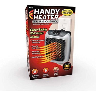 Ontel Handy Heater Turbo Heat Wall Outlet Small Space Heater with Adjustable Thermostat, Programmable 12-Hour Timer, Auto Shut Off - Quiet &amp; Space-Saving Ceramic Mini Heater (Packaging May Vary)