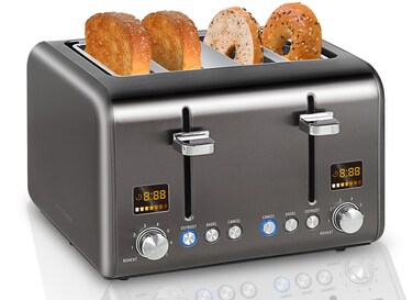 SEEDEEM 4 Slice Toaster, Stainless Bread Toaster Color LCD Display, 7 Bread Shade Settings, 1.4'' Wide Slots Toaster with Bagel/Defrost/Reheat Functions, Removable Crumb Tray, Dark Metallic, 1800W