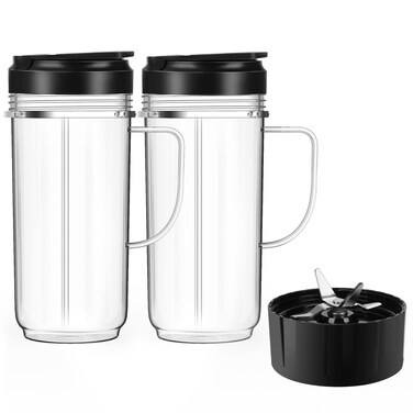 2 Pack Magic Bullet Blender Cups, Tall 22oz Cups Mugs Flip Top To-Go Lids &amp; 4 Fins Cross Blade with Gasket Handle Replacement Part Compatible Magic Bullet Blender Juicer Mixer Accessories 250W MB1001