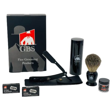 G.B.S Men's Shaving kit Straight Edge Razor Folding Barber Shavette, Razor Case Badger Brush Travel Cannister + 10 pack Blades