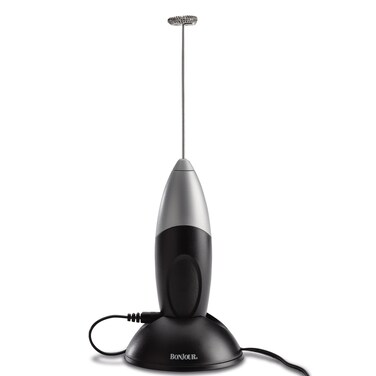 BonJour Primo Latte Rechargeable Hand-Held Beverage Whisk/Milk Frother, Black/Silver, Small -