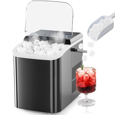 Sweetcrispy Countertop Ice Maker with Scoop, Basket and Handle, 9 Ice Cubes Machine Ready in 6 Mins, 26.5lbs in 24Hrs, 2 Sizes for Home Kitchen Office Bar Party(Black)