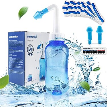 Waterpulse Neti Pot Sinus Rinsing,Nasal Wash Bottle Sinus Rinsing Bottle Cleaner Pressure Irrigation Neti-Pot with Sticker Thermometer for Adult &amp; Kid (300ml with 30 Nasal Wash Salt Packets,Blue)
