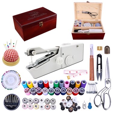 Handheld Sewing Machine, Hand held Sewing Device Heavy duty, Hand Sewing Machine Portable, Wooden Sewing Box with 153 Pcs Sewing Kit