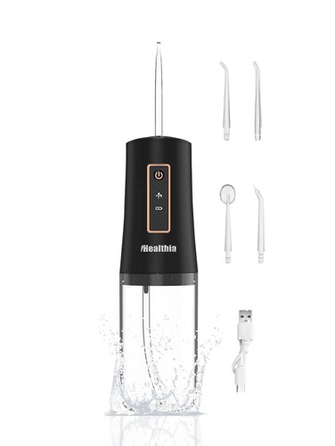 Water Dental Flosser Cordless, KUSKER Portable Oral Irrigator for Teeth, 3 Modes and 4 Jet Tips, IPX7 Waterproof, Rechargeable for 30-Days Use, Home, Travel, Braces, Bridges Care(Elegant Black)