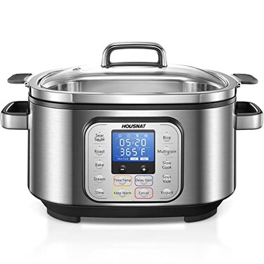 Slow Cooker, HOUSNAT 10 in 1 Programmable Cooker, 6Qt Stainless Steel, Rice Cooker, Yogurt Maker, Delay Start, Steaming Rack and Glass Lid, Adjustable Temp&amp;Time for Slow Cook with Digital Timer