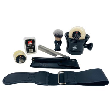 G.B.S Stylish Shaving Set - Shave Ready Straight Razor, Honing Sharpening Strop, Leather Case for Straight Razor, Ceramic Mug, Synthetic Brush with Stand, Alum &amp; Shaving Soap, Black