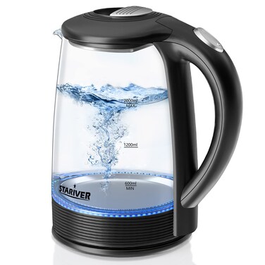 Stariver Electric Kettle, 2L Electric Tea Kettle, BPA-Free Glass Kettle with LED, Hot Water Kettle with Fast Boil, Auto Shut-Off &amp; Boil-Dry Protection, Stainless Steel Inner Lid &amp; Bottom, Black
