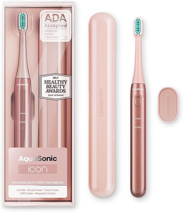 Aquasonic Icon ADA-Accepted Rechargeable Toothbrush   Magnetic Holder &amp; Slim Travel Case   2 Brushing Modes &amp; Smart Timers   Gentle Micro-Vibrations (Blush)