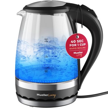 MuellerLiving Glass Kettle 1.5L 1500W LED Light Electric Tea Kettle Automatic Shut-Off with SpeedBoil Tech and Boil-Dry Protection