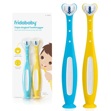 Frida Baby Triple-Angle Toothhugger Training Toddler Toothbrush   Toddler Toothbrush 2 Years and Up, Cleans All Sides at Once   2 Pack (Yellow + Blue)