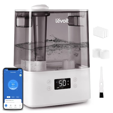 LEVOIT Smart Humidifiers for Bedroom Large Room Home,(6L) Cool Mist Top Fill Essential Oil Diffuser for Baby &amp; Plants,Smart App &amp; Voice Control, Rapid Humidification &amp; Auto Mode-Quiet Sleep Mode, Gray