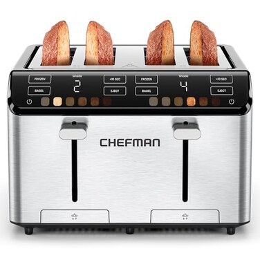Chefman Smart Touch 4 Slice Digital Toaster, 6 Shade Settings, Stainless Steel with Extra-Wide Slots, Thick Bread &amp; Bagel Toaster, +10 Seconds, Defrost, Removable Crumb Tray