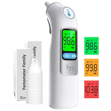 Femometer Family Ear Thermometer, Highly Accurate Ear Thermometer for Kids, Adults and Babies, 30 Memory Recall, 1s Result and 3-Color Fever Alert, with 24 Disposable Probe Covers, White