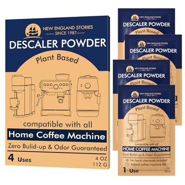 Descaling Powder Solution (4 Uses) Removes Scale and Build-Up, Automatic Coffee Pots &amp; Makers &amp; Espresso Machines Descaler, Compatible with Keurig Breville Nespresso Delonghi Ninja