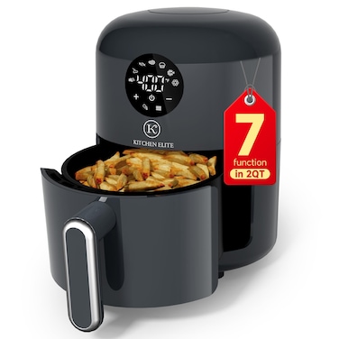 Kitchen Elite Air Fryer, 7 in-1 Compact Airfryer, Efficient for Simple Meals &amp; Snacks with Tray, Easy to Clean, 90% Less Oil, Nonstick &amp; Dishwasher Safe Basket, 2QT Space Saving, Gray Design