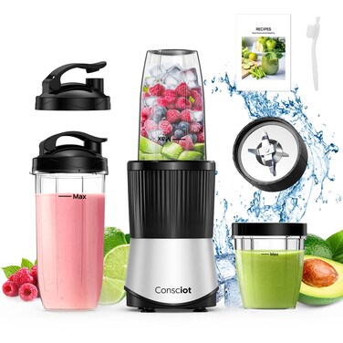 Consciot CB08 11-Piece Blender for Kitchen and Personal Size, Blend Shakes and Smoothies, Frozen Drinks, Baby Food, Spreads &amp; More, 3 Portable To-Go Cups &amp; 2 Spout Lids &amp; 1 Solid Lid, 900 Peak Watts