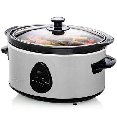 OVENTE Electric Slow Cooker with 3 Cooking Settings, Dishwasher-Safe Stoneware, Tempered Glass Lid and 3.7 Quart Oval Ceramic Pot Perfect for Entrees, Soups, Sauces, Stews and Dips, Silver SLO35ABR