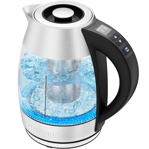 Chefman 1.8L Digital Electric Glass Kettle+ w/ Rapid-Boiling &amp; 7 Presets for Precise Temperature, Stainless Steel Tea Infuser Included, Advanced Digital Control