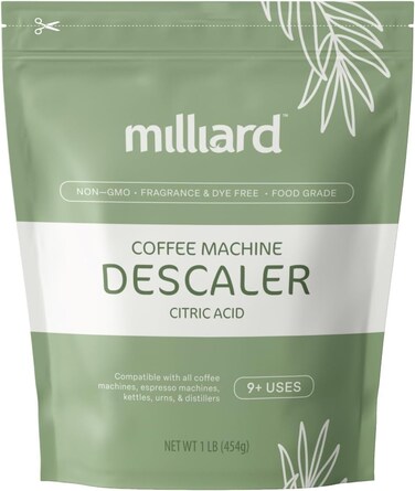 Milliard Descaler Powder - Coffee &amp; Espresso Machine Descaling Cleaning Solution For Use With Keurig, Breville, Nespresso, Delonghi &amp; More (1 lb, 9 Uses)