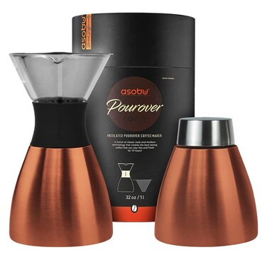 asobu Insulated Pour Over Coffee Maker (32 oz.) Double-Wall Vacuum, Stainless-Steel Filter and Take on the Go Carafe (Smoke)