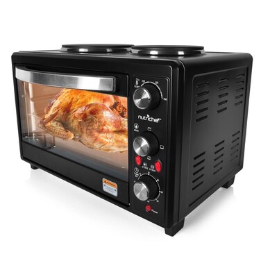 Updated Premium Version Multifunction Grill Oven, Dual Hot Plate, Toaster Oven w/Rotisserie, Grill/Griddle Top, Countertop Convection Oven, w/Wire Grill Rack, Baking Tray, Skewers, Tray Handles