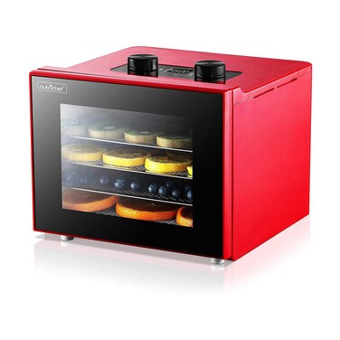 NutriChef Electric Countertop Food Dehydrator Machine - 350-Watt Premium Multi-Tier Meat Beef Jerky Maker Fruit/Vegetable Dryer w/ 4 Stainless Steel Trays, Digital Timer, Temperature Control