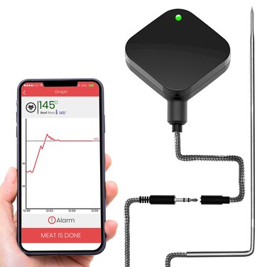 NutriChef Smart Bluetooth BBQ Thermometer - Upgraded Stainless Probe Safe to Leave in Grill Outdoor Barbecue Meat Smoker w/Changeable Probe, Wireless Remote Alert Android iPhone WiFi App - PWIRBBQ420