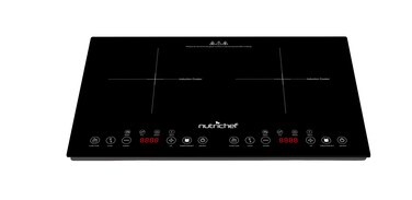 NutriChef Double Induction Cooktop - Portable 120V Portable Digital Ceramic Dual Burner w/Kids Safety Lock - Works with Flat Cast Iron Pan,1800 Watt, Touch Sensor Control, 12 Controls -PKSTIND49