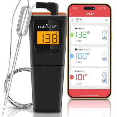 NutriChef Bluetooth Grill BBQ Meat Thermometer, 150 ft Wireless Digital Monitoring Timer &amp; Alarm for Smoker, Oven