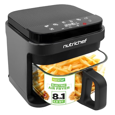 Nutrichef 5.8 Quart Air Fryer 8-1 Preset Cook Modes Transparent Fry Bowl for Best Cooking Results Cook Shrimp, Steak, Fries, Wings, Chicken &amp; More Precise Temperature Control &amp; Time Black