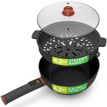Nutrichef 4L Electric Frying Pan &amp; 4L Steamer   Multifunctional Portable 1000W Non-Stick Pot for Cooking   Durable Heat Safe Handle   Touch Control Panel   Electric Hot Pot   Black