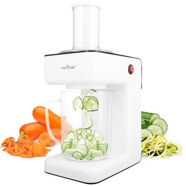 NutriChef 3-in-1 Electric Vegetable Chopper, Spiralizer, and Salad Maker - Fruit Cutter, Spiral Shredder Machine, Veggie Spaghetti &amp; Noodle Maker   Includes Food Plunger &amp; 1.2L Bowl