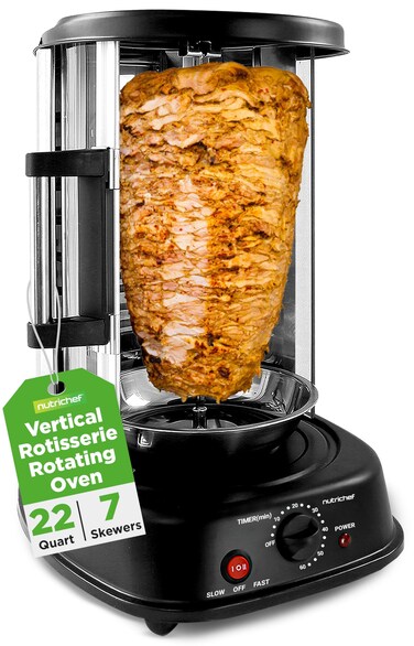 NutriChef Vertical Rotating Turkey &amp; Shawarma Oven   Rotisserie, Shawarma, &amp; Kebab Machine   Stain-Resistant, Energy-Efficient   Heat-Resistant Door   Includes Kebab Rack &amp; 7 Skewers   Stainless Steel