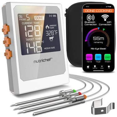 Nutrichef Wireless Meat Thermometer with 2 Stainless Steel Probes, Bluetooth and WiFi Smartphone App for Monitoring Food Temp and Remote Alerts, Digital Display, for Grilling and BBQ Smoking