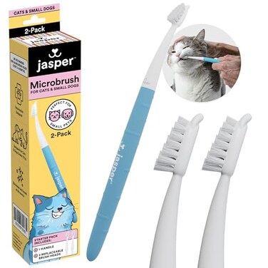 Jasper Microbrush Cat Toothbrush, Soft-Bristled Cat Toothbrush Kit for Cats, Puppies and Small Dogs, Premium Non-Slip Handle with 2 Replaceable Tooth Brush Heads, Use with Cat Toothpaste