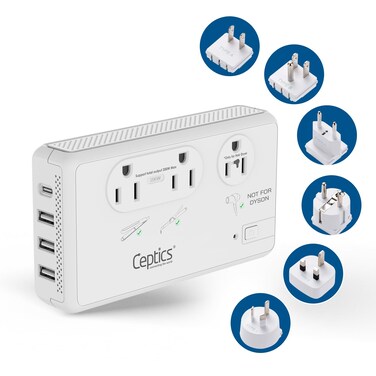 Ceptics 2000W Travel Voltage Converter for Hair Dryer &amp; 200W Convert 220V to 110V for Curling Iron, Straightener, Chargers, Step Down World Power 4 USB Charging QC 3.0 SWadApt Type A, B, C, E/F, G, I