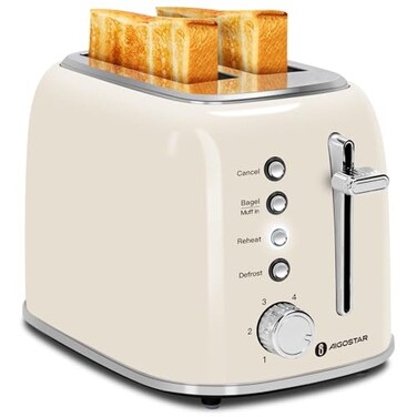 Aigostar Toaster 2 Slice, Retro Extra-Wide Slot Toasters Best Rated Prime for Toasting Bagels, Breads, Waffles &amp; More, Cancel, Defrost &amp; 6 Browning, Removable Crumb Tray, Stainless Steel, Cream White