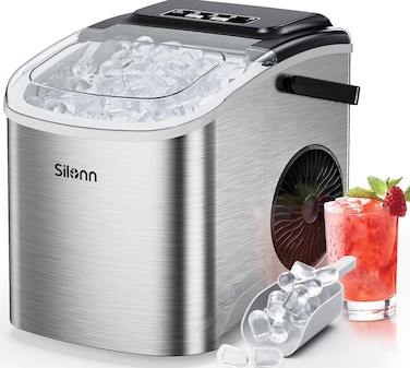 Silonn Ice Makers Countertop, Portable Ice Maker with Self-Cleaning 9 Cubes Ready in 6 Mins 26Lbs/24H 2 Sizes of Bullet Ice, Ice Machine for Home Kitchen and Office Bar Party,Stainless Steel