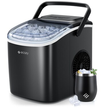 ecozy Ice Maker Countertop, 9 Cubes Ready in 6 Mins, 26 lbs per Day, Portable Ice Machine with Self-Cleaning, 2 Ice Sizes for Home, Kitchen, Camping, Office, RV, Cup Included, Black