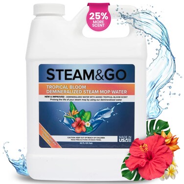 Steam &amp; Go Demineralized Water for Steam Cleaner, PVC-Free Floor Cleaner Liquid Compatible With Any Mop Steamer, Ready-to-Use Multisurface Cleaner, Scented Mop Solution, Tropical Bloom, 32 oz