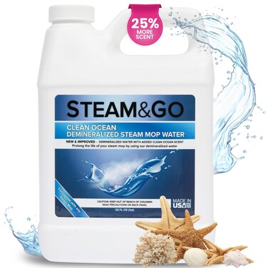Steam &amp; Go Demineralized Water for Steam Cleaner, PVC-Free Floor Cleaner Liquid Compatible With Any Mop Steamer, Ready-to-Use Multisurface Cleaner, Scented Mop Solution, Clean Ocean, 32 oz