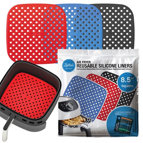 Reusable Air Fryer Liners 3 Pack for 5QT or Bigger - 8.5&quot; Square Silicone Airfryer Liner - Easy to Clean Air Fryer Accessories - Durable Dishwasher Safe Non-Stick Parchment Paper Replacement