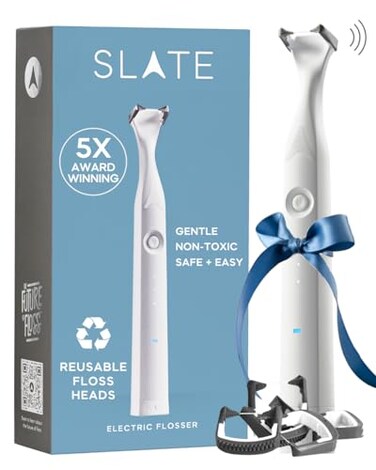 SLATE Electric Flosser   3-in-1 Electric Flosser for Teeth w/ 3 Speeds - Dentist Invented   Eco Reusable Non-Toxic Floss, Tongue Scraper &amp; Gum Stimulator   Ultrasonic Power Flossing for Adults &amp; Kids