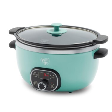 GreenLife 6 Quart Ceramic Slow Cooker, PFAS-Free, Programmable, Removable Healthy Nonstick Pot for Family Meals, Sear on Stovetop, Keep Warm, Digital Timer, Dishwasher Safe Glass Lid, Turquoise